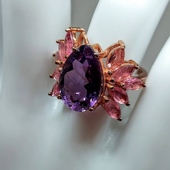 Natural Amethyst & Tourmaline Rose Gold on Sterling Silver Earrings & Ring 7.5 - Picture 10 of 15